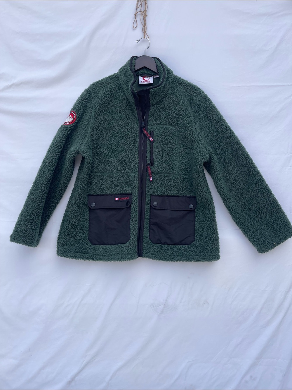 Canada Weather Gear Green Teddy Fleece Jacket with Black Pocket Panels